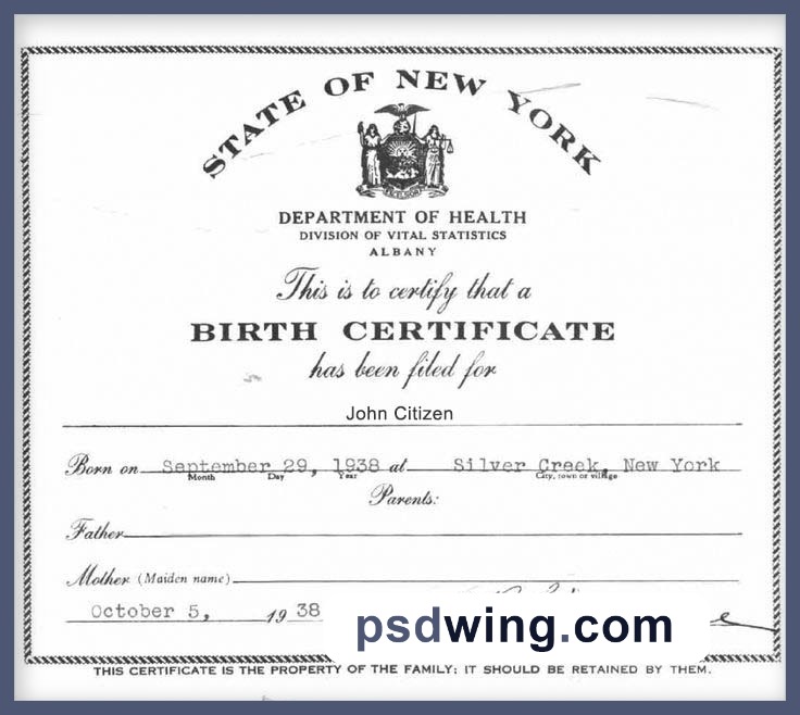 USA New York Department of Health Certificate of Birth